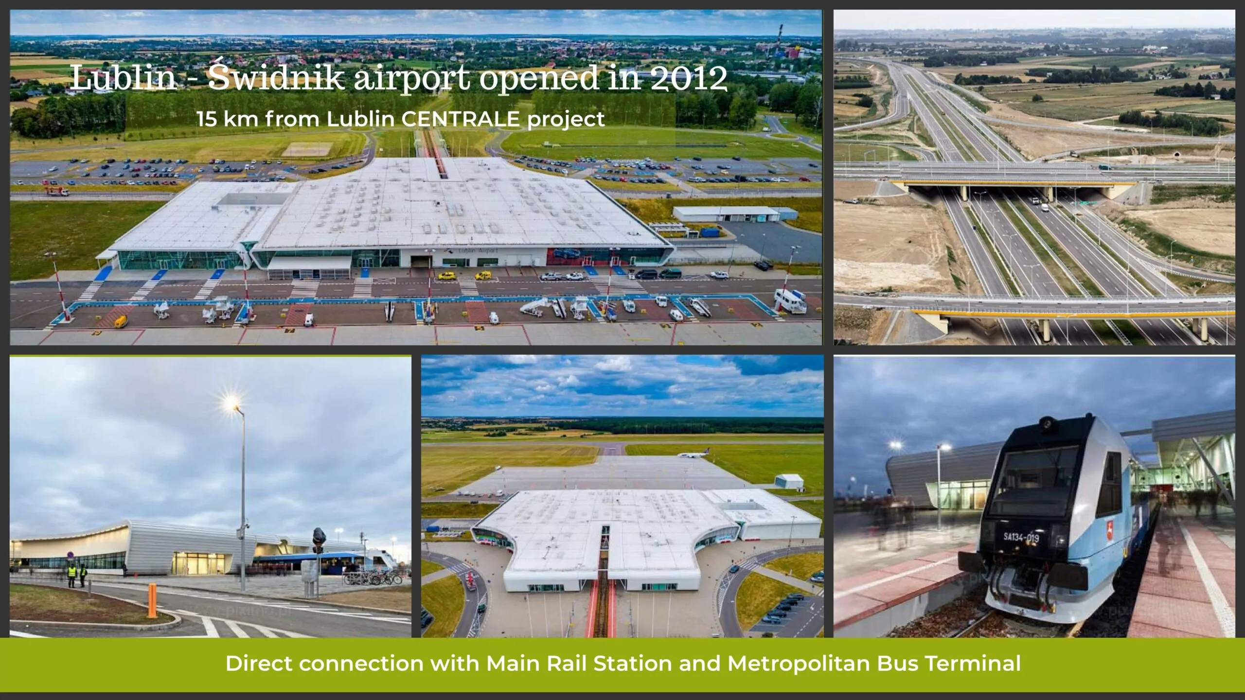 The photo portrays Lublin ŚWIDNIK AIRPORT, as well as Main Rail Station, and Bus Terminal